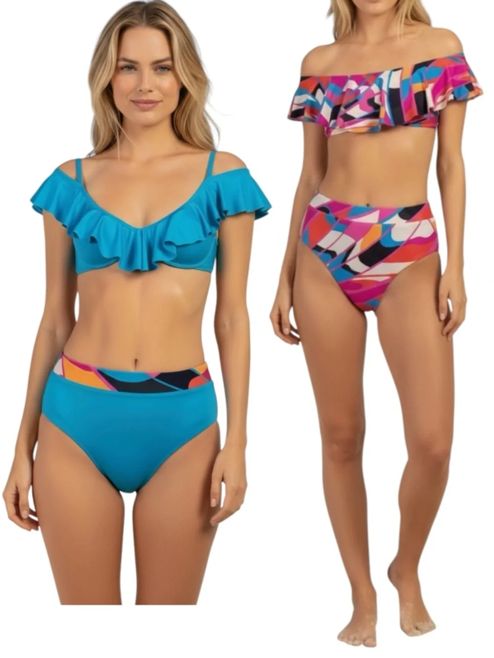 Trina Turk 3 Piece Bikini With REVERSIBLE High Waist Bottom Ruffle Top